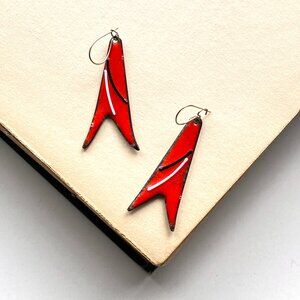 Vintage MCM Modernist Abstract Orange Enamel & Copper Pierced Dangle Earrings